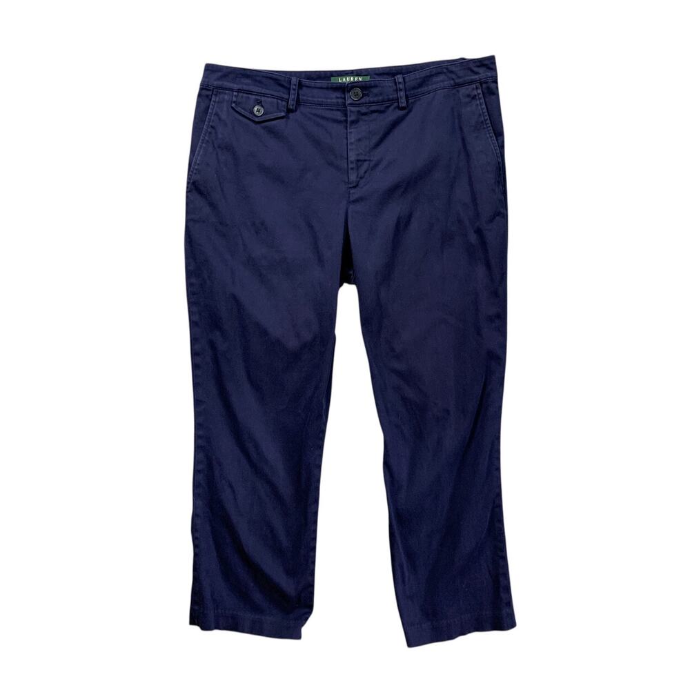 Lauren Ralph Lauren Pants Womens 10 Navy Sateen Cotton Blend Stretch Cropped